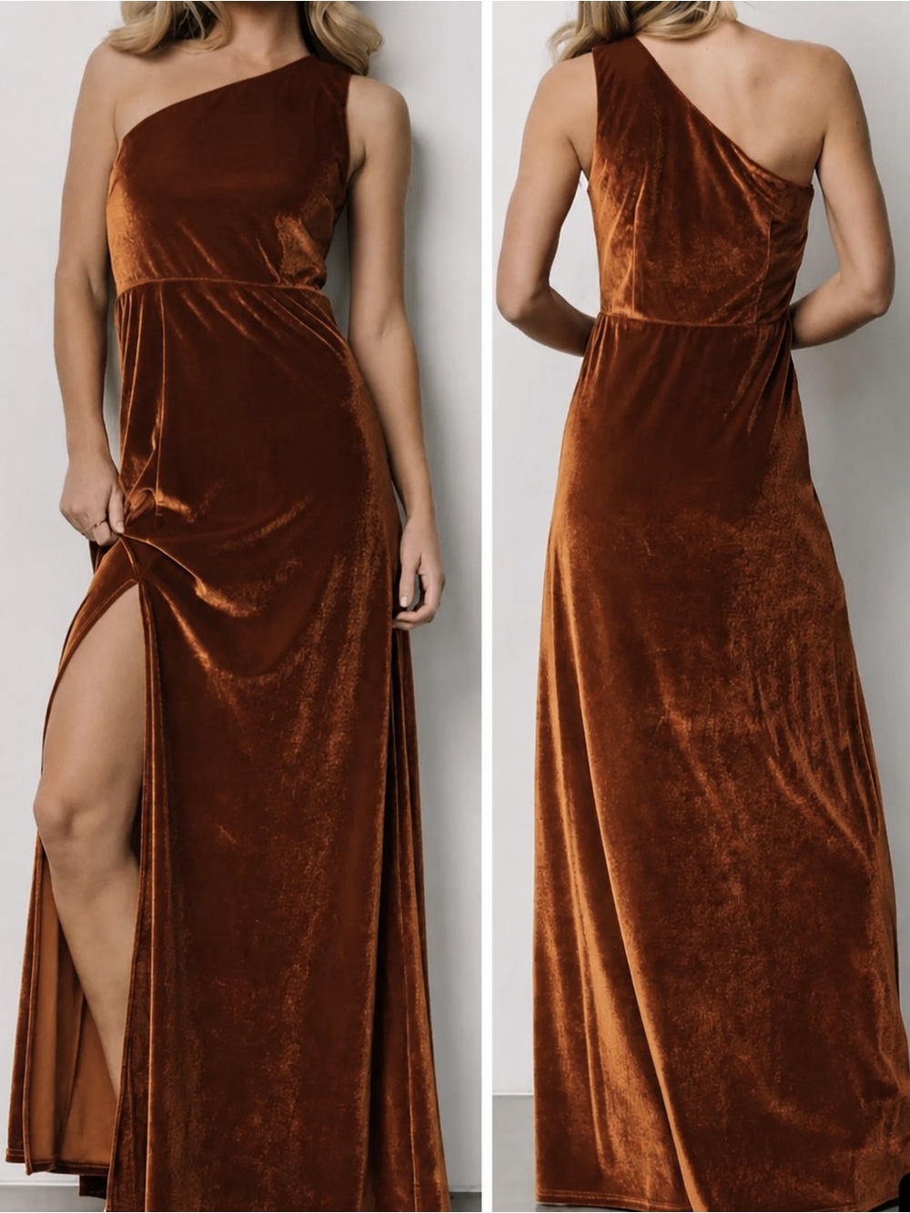 Baltic Born Tatiana Rust Brown Velvet Formal Bridesmaid One Shoulder Maxi Dress